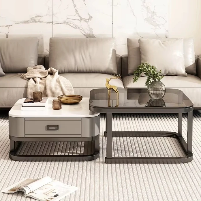 Luxury Living Room Furniture Tea Table Set Simple Glass Marble Textured Sofa Tea Table Sofa Table