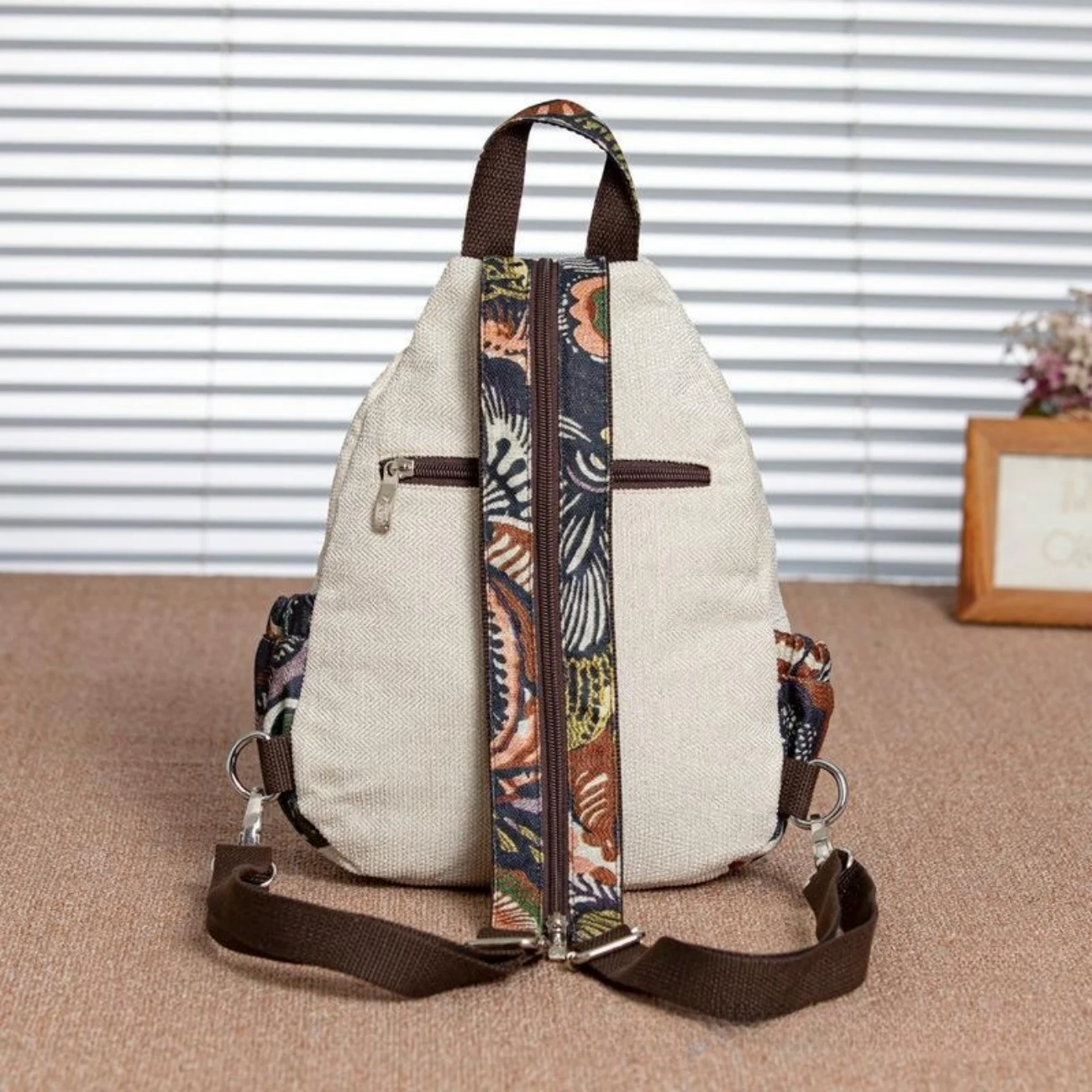 Mochila feminina versátil de estilo étnico, saco de cânhamo de algodão com zíper casual, lona artística, moda retrô