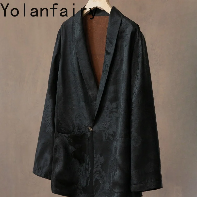 YOLANFAIRY Luxury 100% Mulberry Silk Shirt Women Single Button Suit Jacket Gambiered Silk Jacquard Top Coat Loose Elegant Blazer