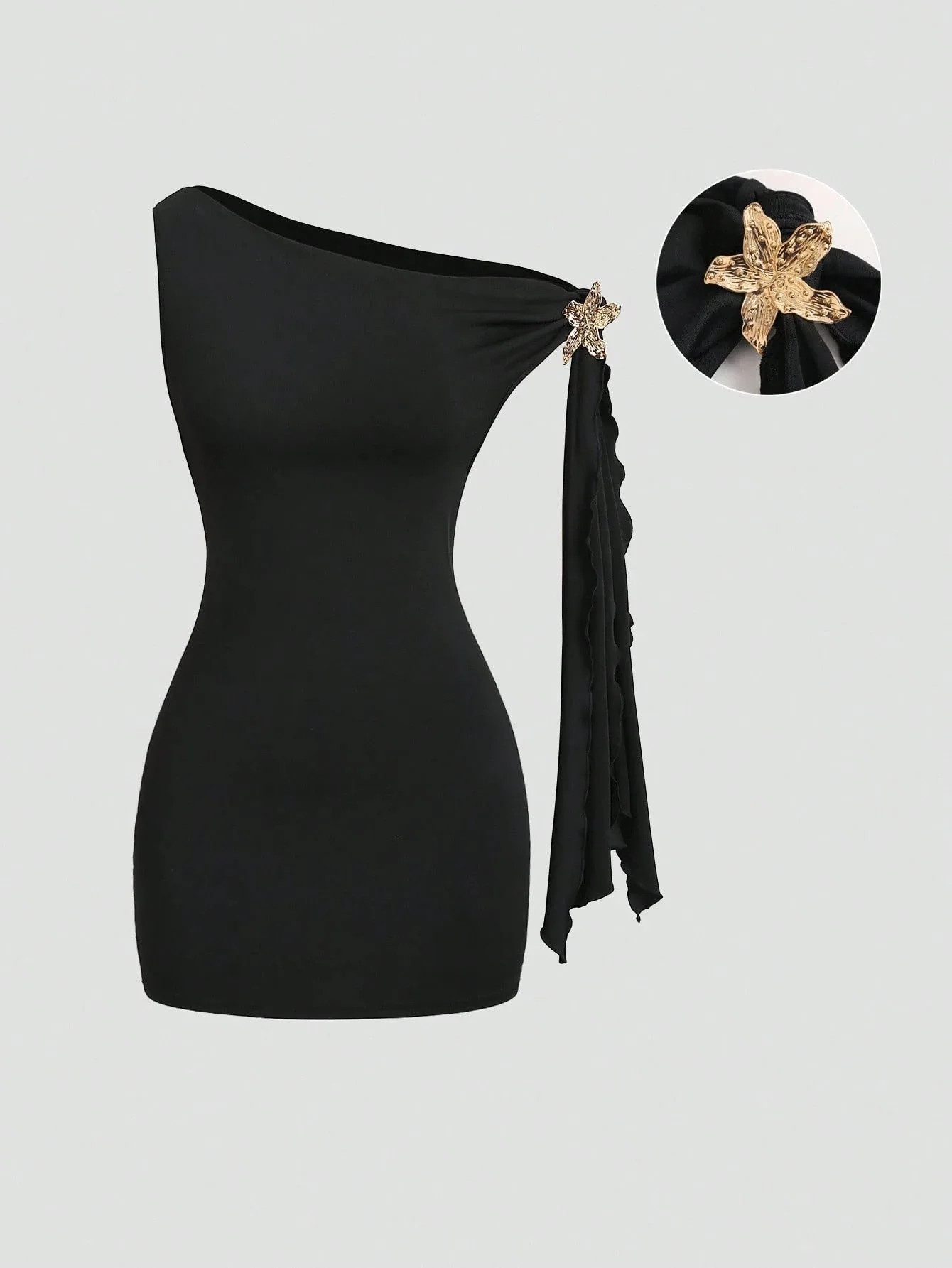 

STYLISH LADY Elegant One Shoulder Bodycon Mini Dress 2026 Summer Women Ruffle Draped Sleeve Gold Flower Detail Club Party Dress