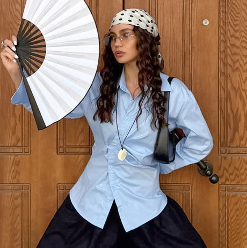 

Женские однотонные хлопковые рубашки, осень 2025, отложной воротник, длинный рукав, рюши, нерегулярная однобортная тонкая рубашка, повседневные топы