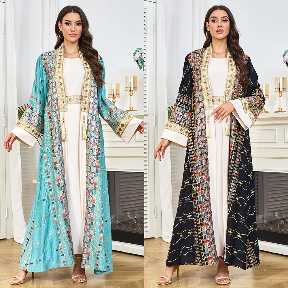 

Мусульманский женский комплект из 2 предметов: абайя с пайетками и кисточками, марокканский кафтан, нижнее платье, мусульманский костюм, кардиган, исламская одежда