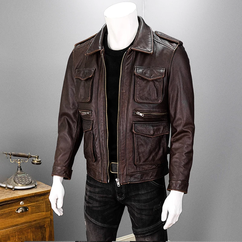 Vintage Red Brown Autumn Leather Jacket Men Safari Style Plus Size 6XL Natuarl Cowhide Four Pockets Genuine Leather Coat