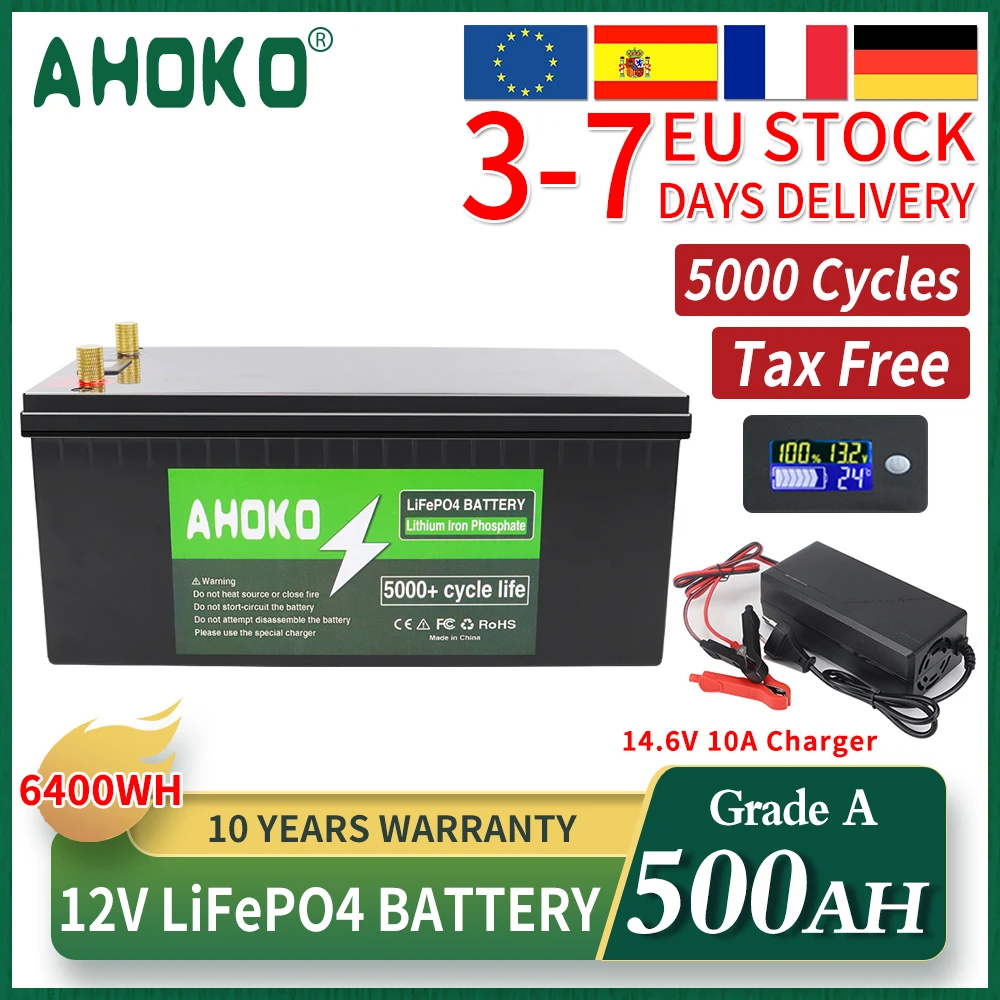 12V 500Ah LiFePo4 Battery Pack Lithium Iron Phosphate Rechargeable Cell Built-in BMS 5000 Cycles For RV Home Storage EU TAX FREE