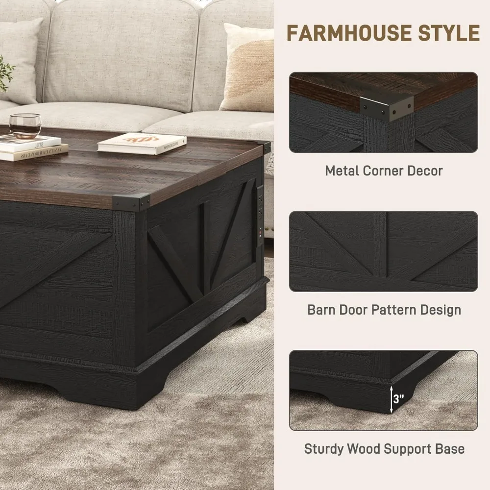 40” Large Farmhouse Lift Top Coffee Table with Power Outlets and Large Hidden Storage, Square Wood Living Room Tables, Multi-Fun