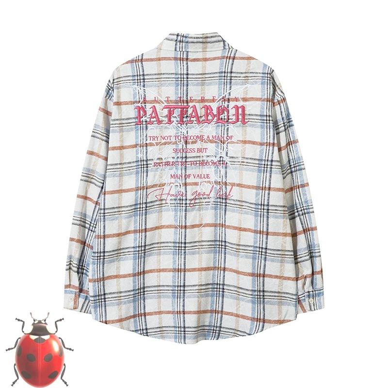 Embroidery Butterfly Pattern Pink Letters Logo Plaid Shirts Men Women Casual Loose V-shape Long Sleeve Blouse