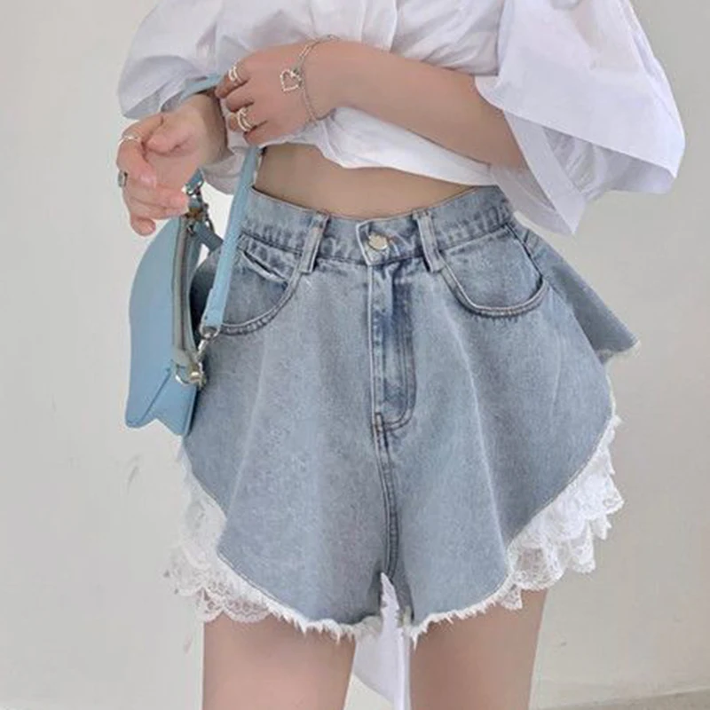 Y2K Women Solid Mini Skirt Korean Sexy Lace Two Piece Sets Female Denim Skirt Summer Fashion All Match High Waist Ladies Skirt