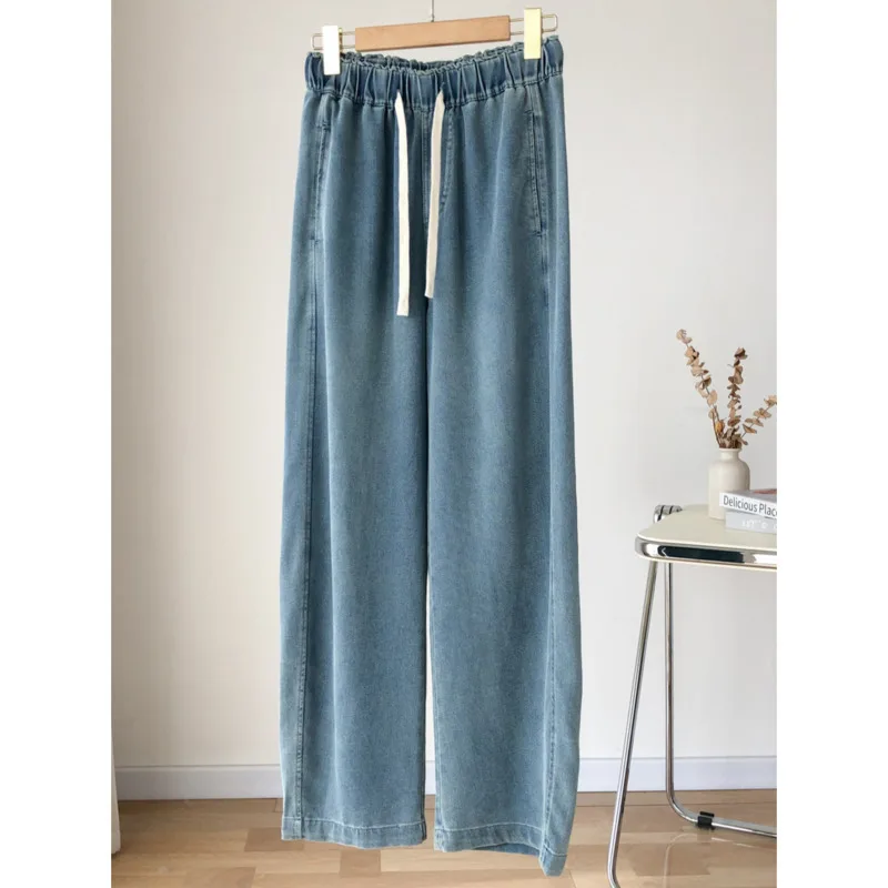 Summer Lyocell Soft Wide Leg Jeans Women Drawstring High-Waisted Loose Lightweight Wide-Leg Pants