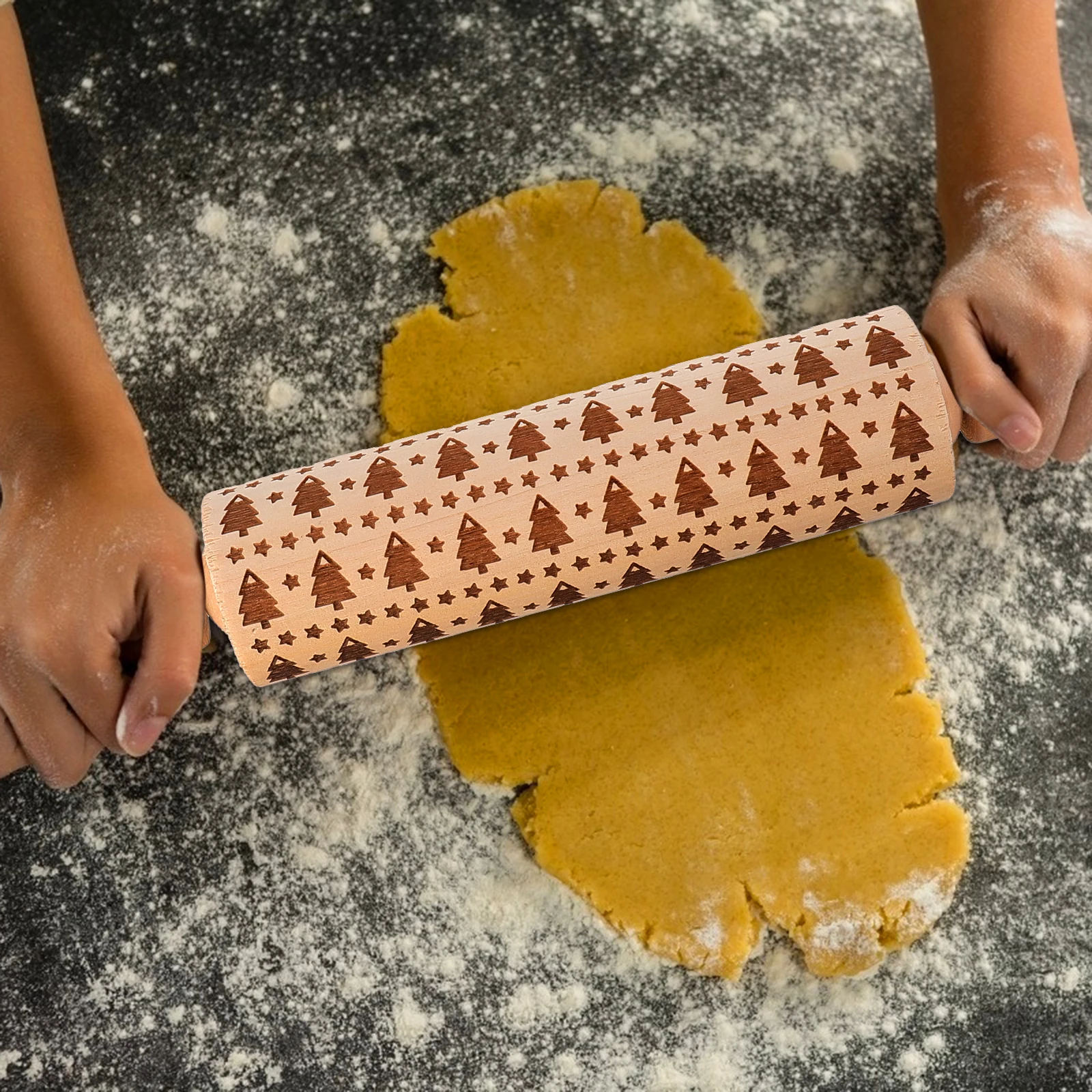 

1 pc Christmas Embossing Natural Wood Baking Tool For Dough Pizza Bread Desserts Engraved Wooden Rolling Pin Baking Wooden