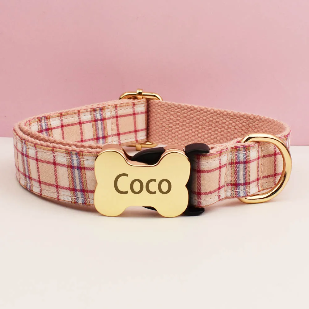 Individuelles Design-Logo, kariertes Hundehalsband, hochwertiges Baumwoll-Haustierzubehör, personalisierbar. Führen Sie Ihren Hund im Stil auf – Detail 7
