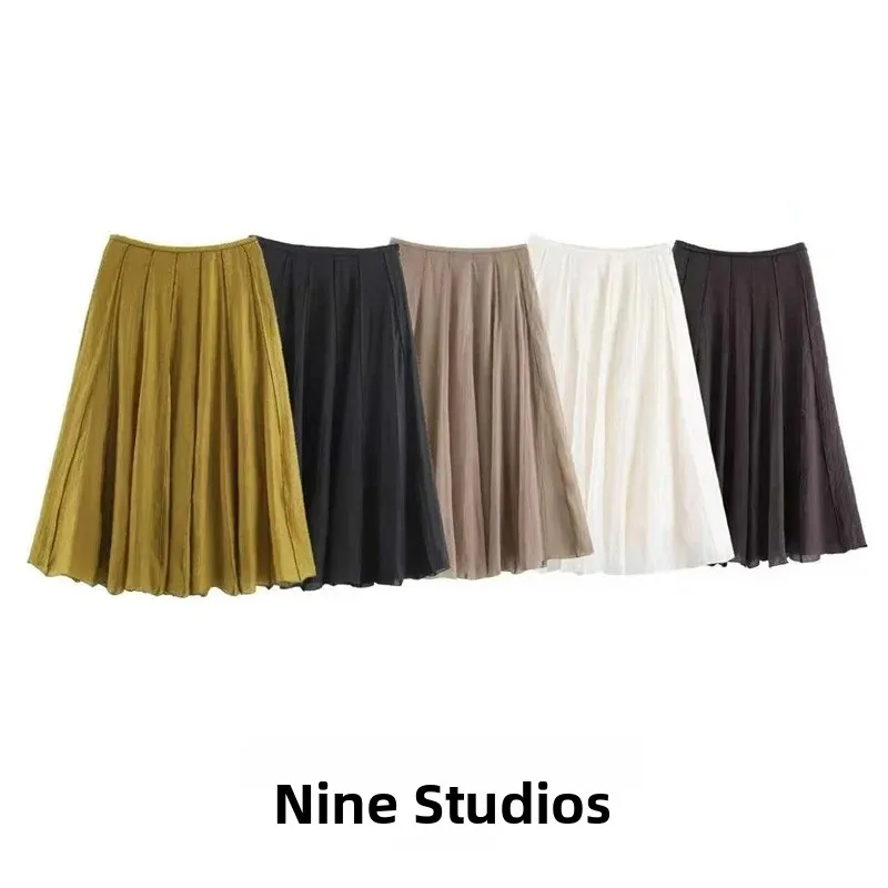 Nine Zar Women's Fashion Versatile  Color Drapey Splicing Midi Skirt Casual Mid-Length A-Line Skirt 2560209