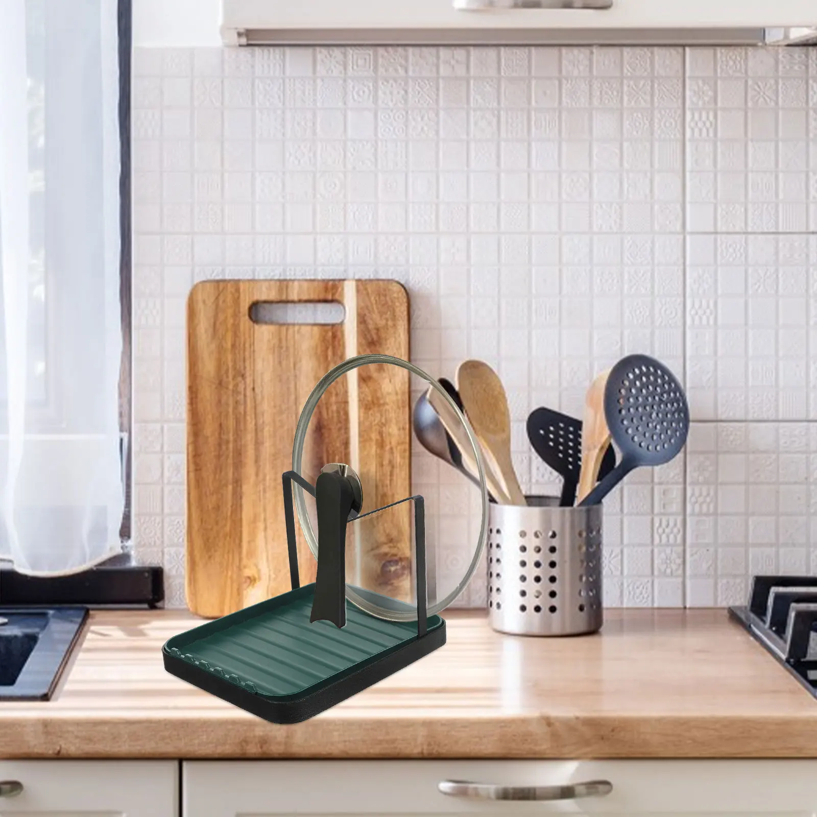 

Kitchen Pot Lid Spoon Rack Countertop Storage Household Spatula Chopping Board Drain (single Cover Black) 1pc