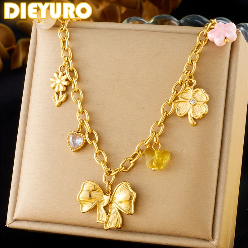 DIEYURO 316L Stainless Steel Golden Heart Flower Bowknot Pendant Necklace For Women New Fashion Bow Neck Chain Jewelry Gift