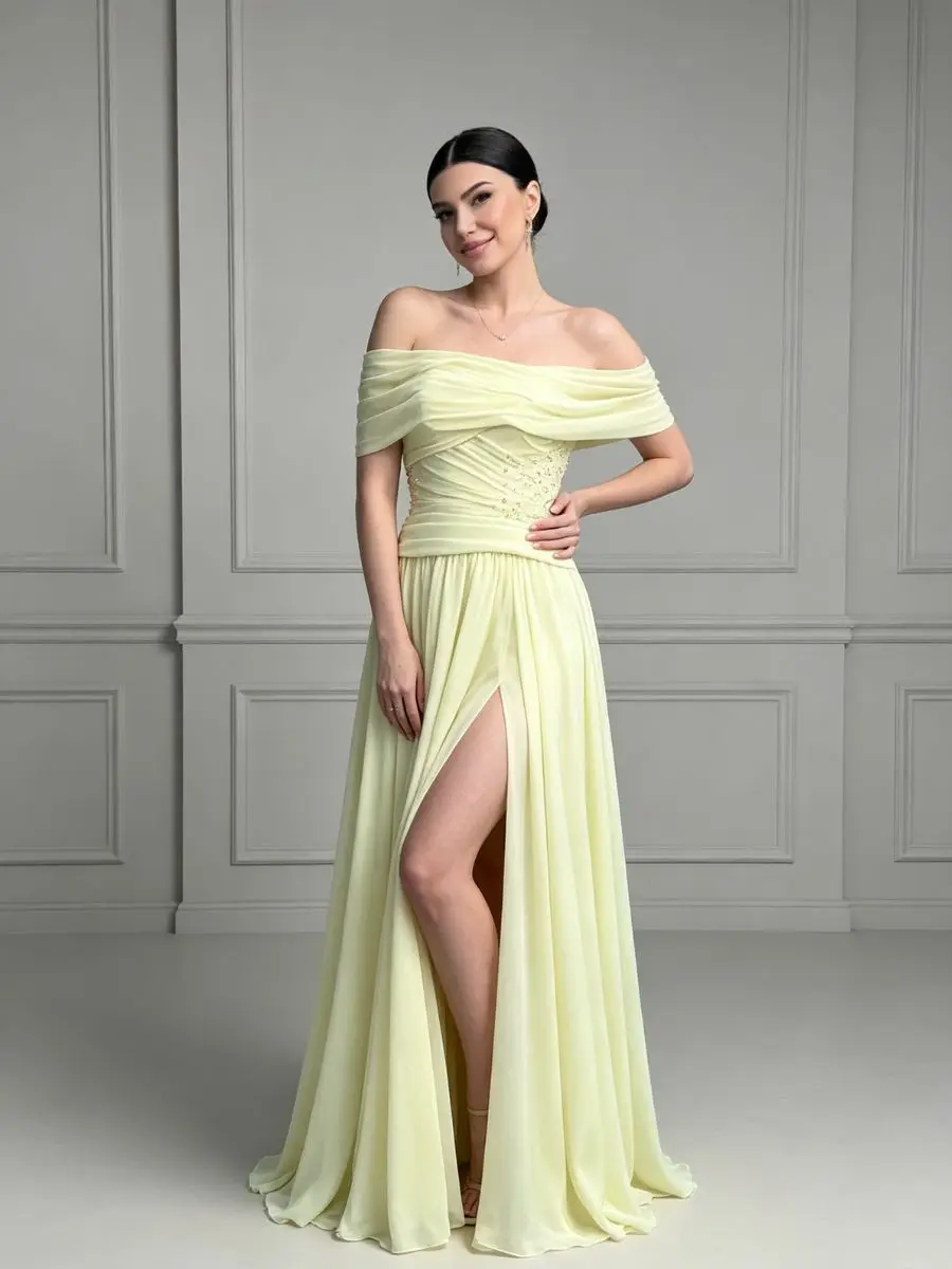 Chic Off The Shoulder High Waist A Line Dress Evening Gown Party Dress Hand‑Beaded Side Slit Back Zip Wedding Guest Gown Custom