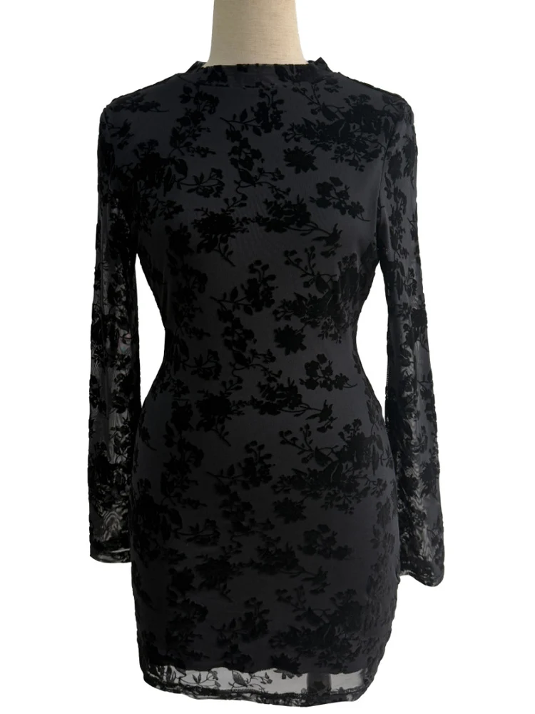 Kricesseen ​ Sexy Schwarz Strömten Floral Mesh Mini Kleid Frauen Elegante Lange Hülse Open Back Bodycon Party Kleid Nigh Out Vestidos