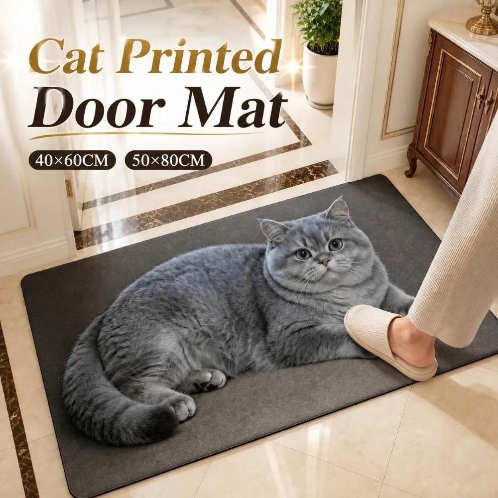 Durable Cat Printed Diatomite Door Mat Lifelike Absorbent Entryway Rug Easy-clean Anti-slip Home Floor Mat Porch