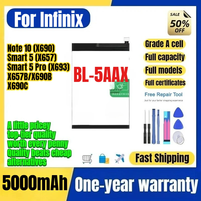 BL-5AAX for Tecno Infinix Note 10 (X690)/Smart 5 (X657)/Smart 5 Pro (X693)/X657B/X690B/X690C Phone Battery Replacement Bateria