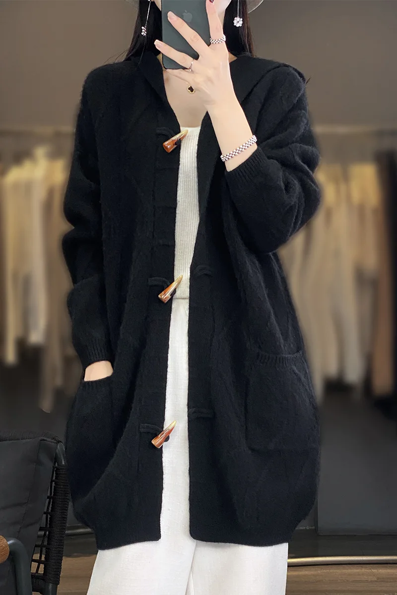 Women's Merino Wool Hooded Cardigan, 100% Merino Wool, Autumn and Winter Sweater, New Buckle Cable, Thickened, Official