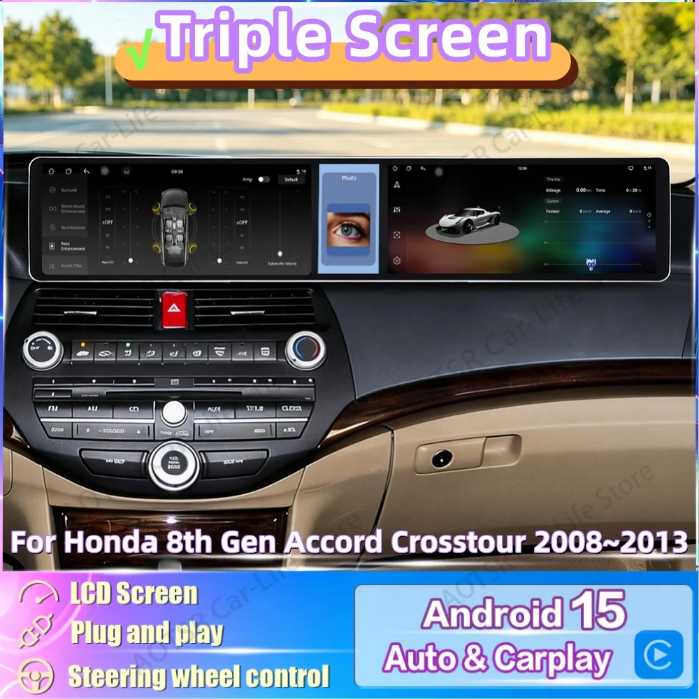 Triple Screen Android Radio For Honda 8th Gen Accord Crosstour 08~23 Car Multimedia Player GPS Navigation CarPlay Auto Head Unit