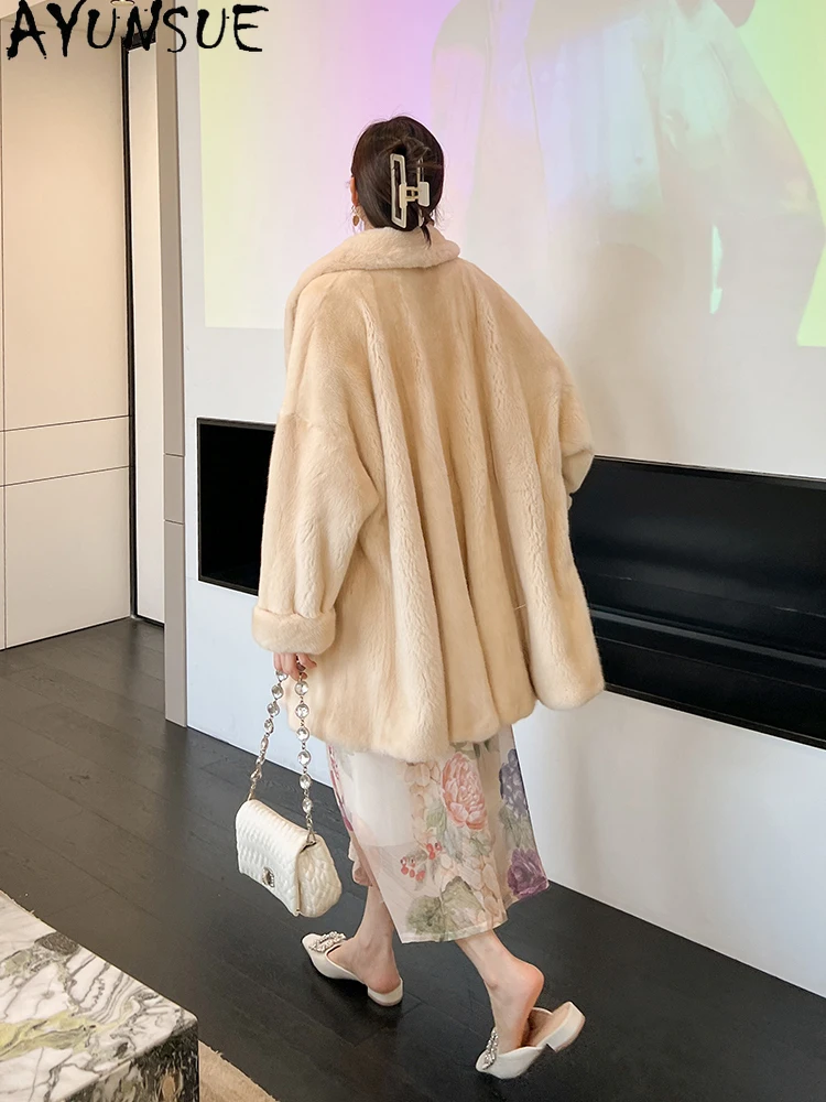 AYUNSUE Natural Velvet Mink Fur Coat Woman Shawl Collar Mid Length Real Fur Coat Woman Clothing Whole Mink Winter Шуба Женская
