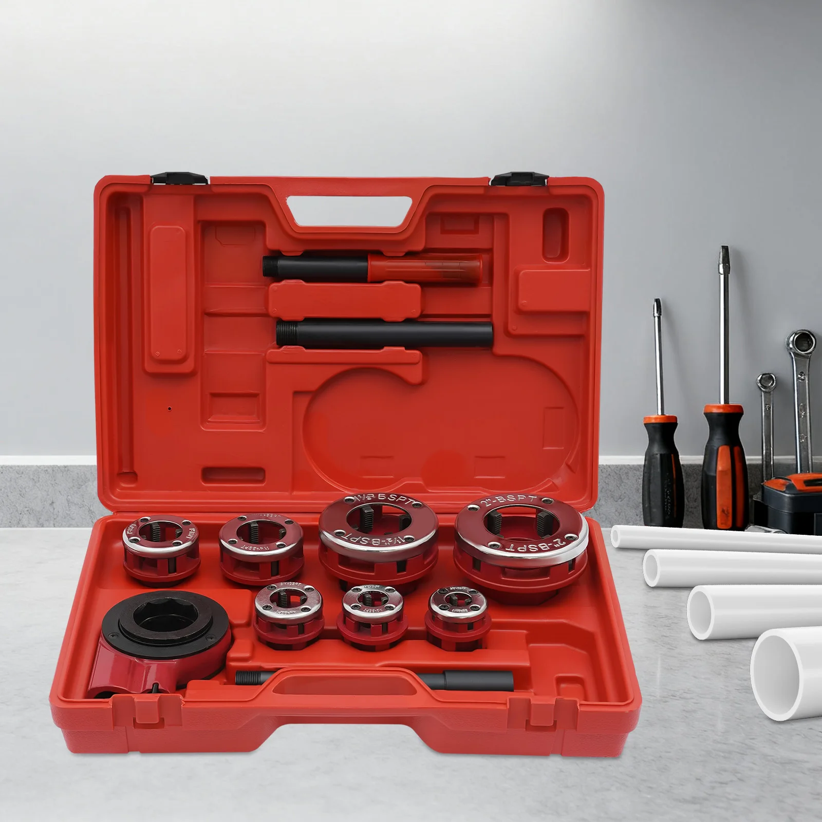 

7-Piece Manual Ratcheting Pipe Threader Set with Dies (3/8" to 2") - Carbon Steel Threading Tool for Plumbing & Repair