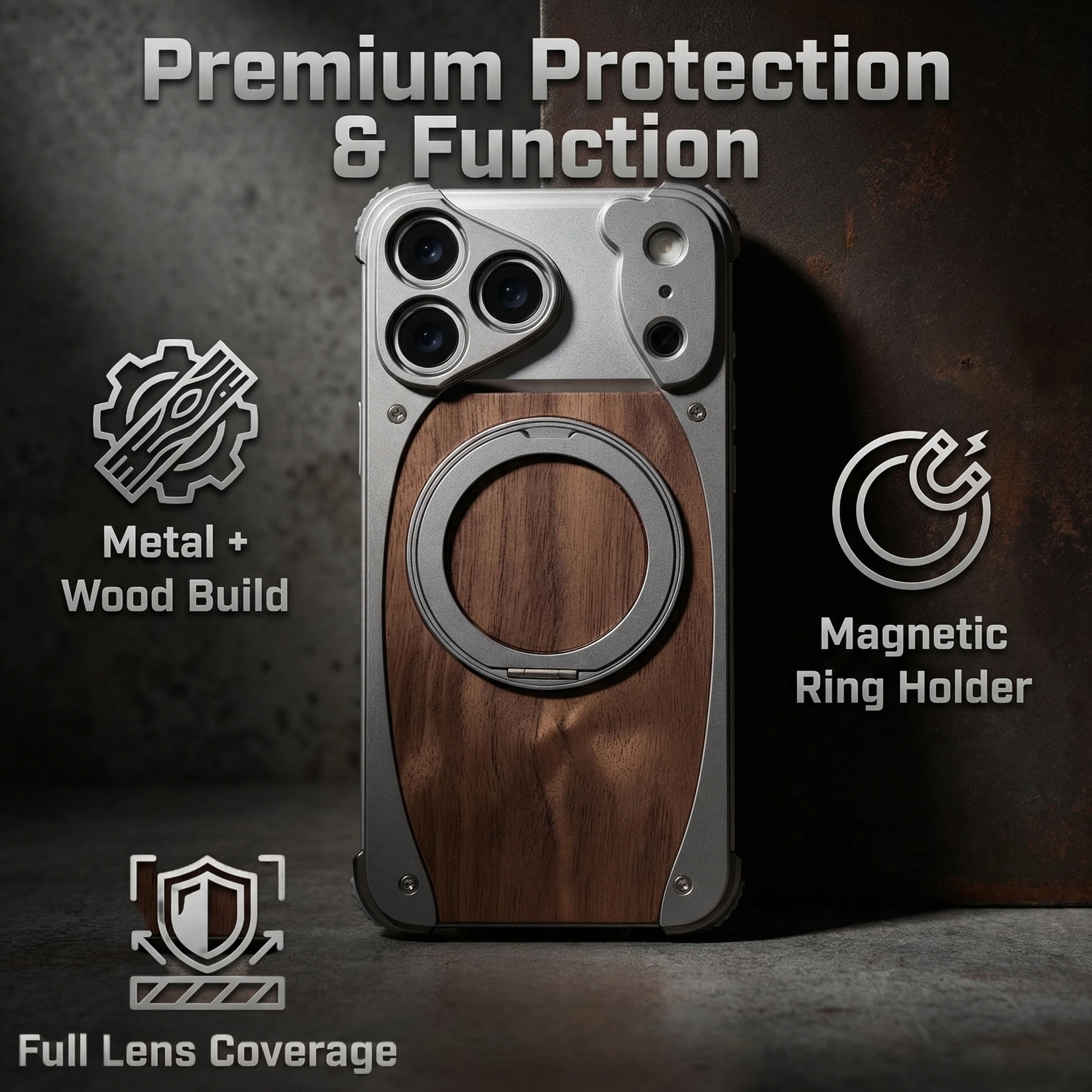 Luxury Metal Frame Walnut Wood Frameless Phone Case For iPhone 18 17 16 15 14 Pro Max Magsafe Magnetic Rotating Bracket Cover