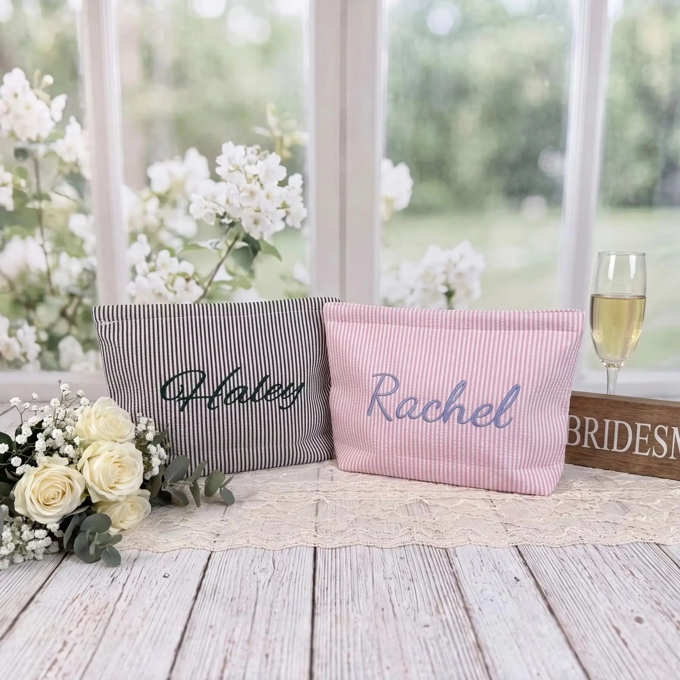 Personalized Seersucker Cosmetic Bag Embroidere Name Makeup Pouch Picnic Travel Toiletry Bag Bridesmaid Cottagecore Gift for Her