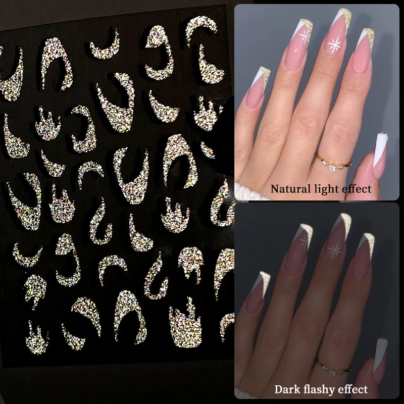 French 3D Nail Decals Stickers Stripe Line French Tips Transfer Nail Art Manicure Decoration Gold Reflective Glitter Stickers