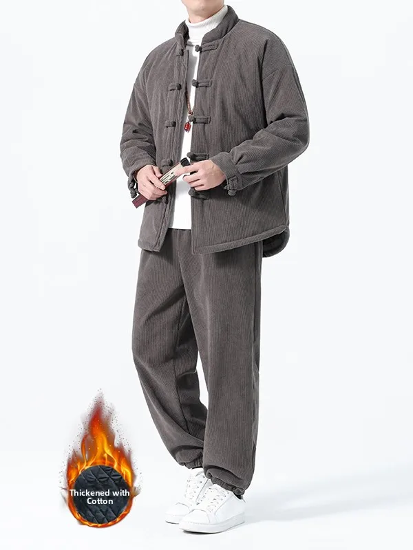 

Теплый хлопковый жакет для мужчин, свободный крой, зимняя верхняя одежда, вельветовый термокомплект из двух предметов, молодежный повседневный стиль, однотонный
