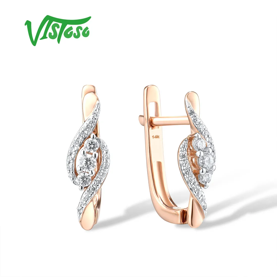 VISTOSO Authentic 14K 585 Rose Gold Latch Back Earrings For Women Sparkling Diamond Wedding Anniversary Charming Fine Jewelry