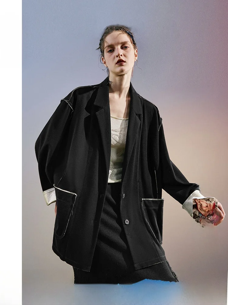 

Busin Casual Bla Suit Jaet Women's Loose Fit Ele Autumn Winter New Sle Commute Sle Cotton Blend Long Sve