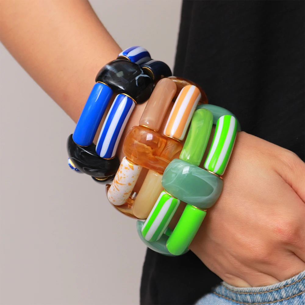 Exklusive bunte doppellagige Acryl-Armbänder für Damen, Harz-Armreifen mit gebogenem Rohr, modischer Schmuck, Geschenk – Detail 6