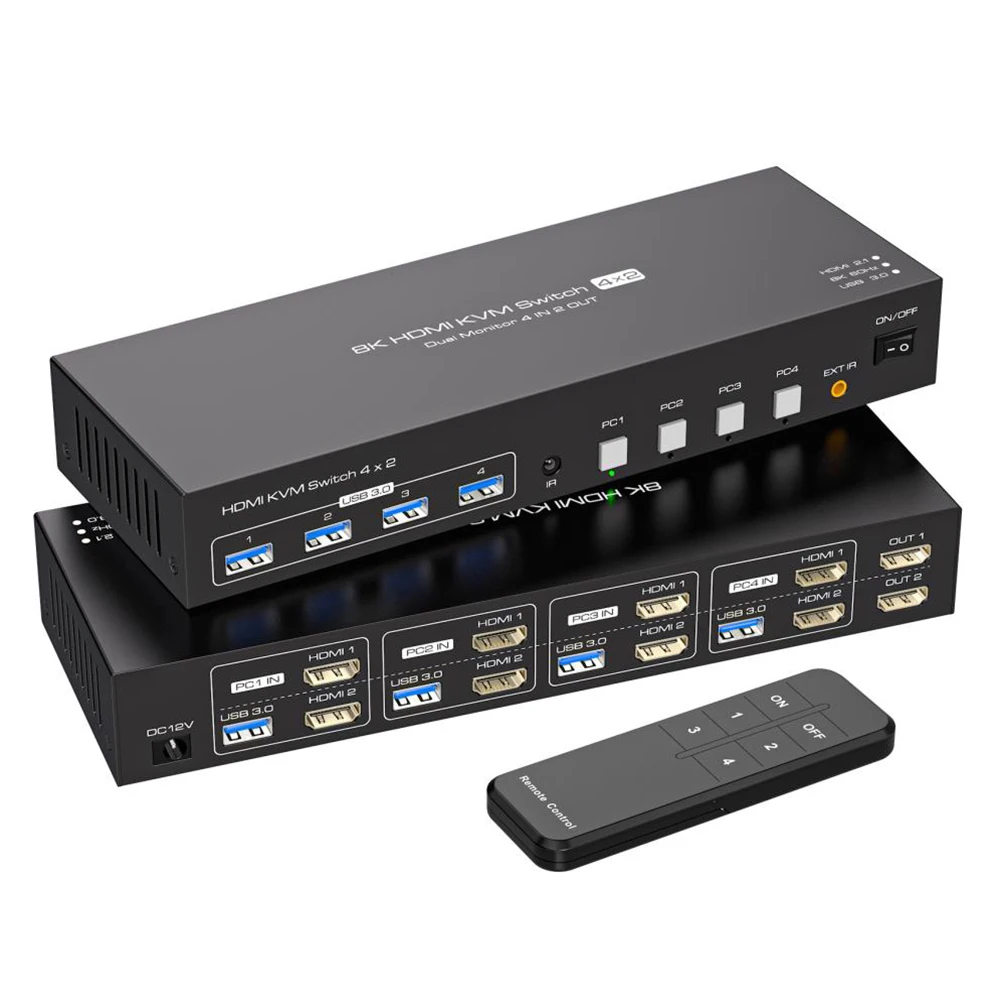 

Dual Monitor HDMI KVM Switch 4 Computers 2 Monitors 8K@60Hz 4K@120Hz 4 Port KVM Switches for 4 PC Share 4 USB 3.0 Devices