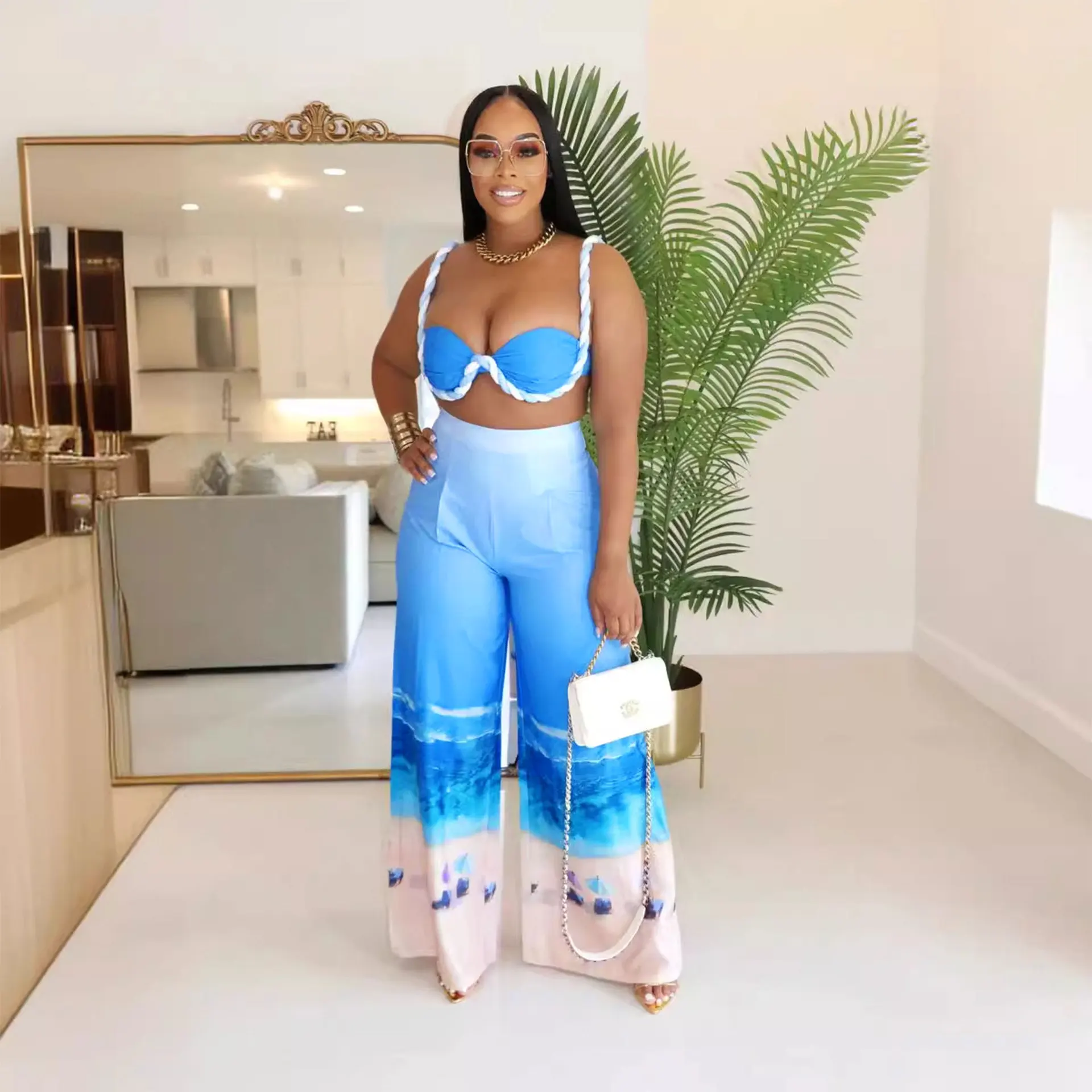 

A7408 Летний женский комплект с пляжным принтом, топы без рукавов без бретелек + широкие брюки, костюмы, уличные комплекты из двух предметов, богемная одежда