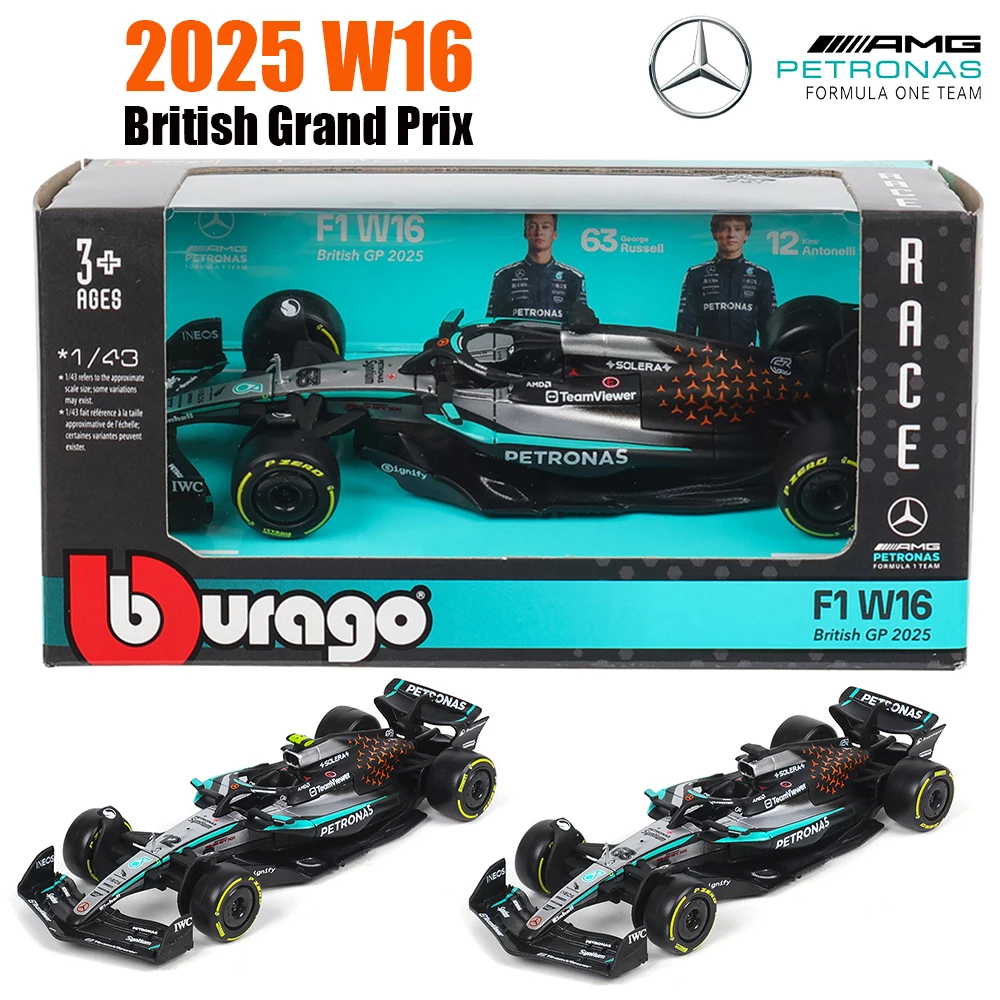 

Bburago 1:43 F1 Mercedes-AMG 2025 Гран-при Великобритании W16 # 63 Джордж Рассел # Металлическая модель автомобиля Kimi Antonelli, 12 штук, литая под давлением