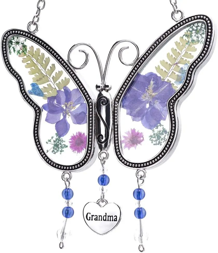 

Butterfly Suncatcher with Pressed Flower Wings, Glass Wind Chime Ornament for Grandma Birthday Mother's Day Gift (Purple)