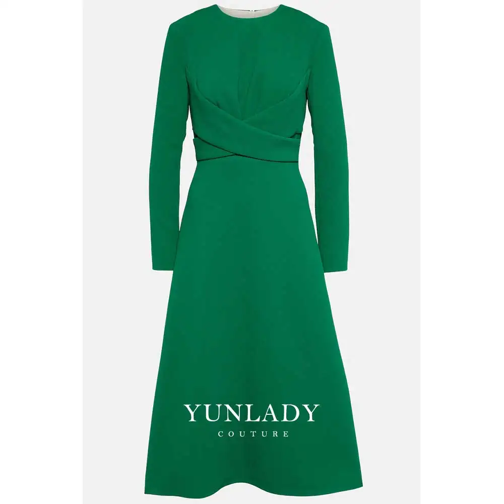 YUNLAN Green Round Neck Long Sleeve Mother of the Bride Evening Dress 2024 Saudi Arabia Ladies Wedding Guest Formal Midi Dress