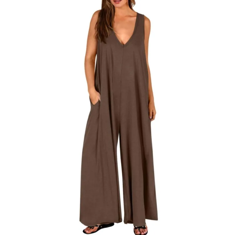 Women's New Summer Casual Jumpsuit Solid Color Elegant Jumpsuit Sleeveless V-neck Wide Leg Pants Jumpsuit Female Fashion Outfits
