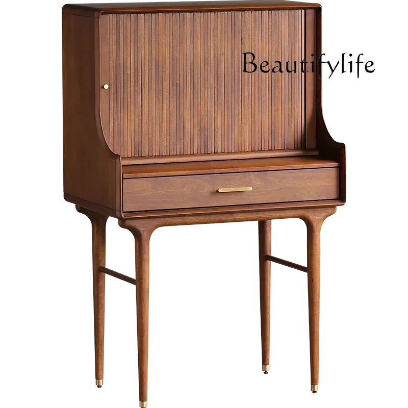 Nordic Expression Medieval Retro Style Imported Solid Wood Organ Roller Shutter Vanity Mirror Dresser Walnut ColorBJ