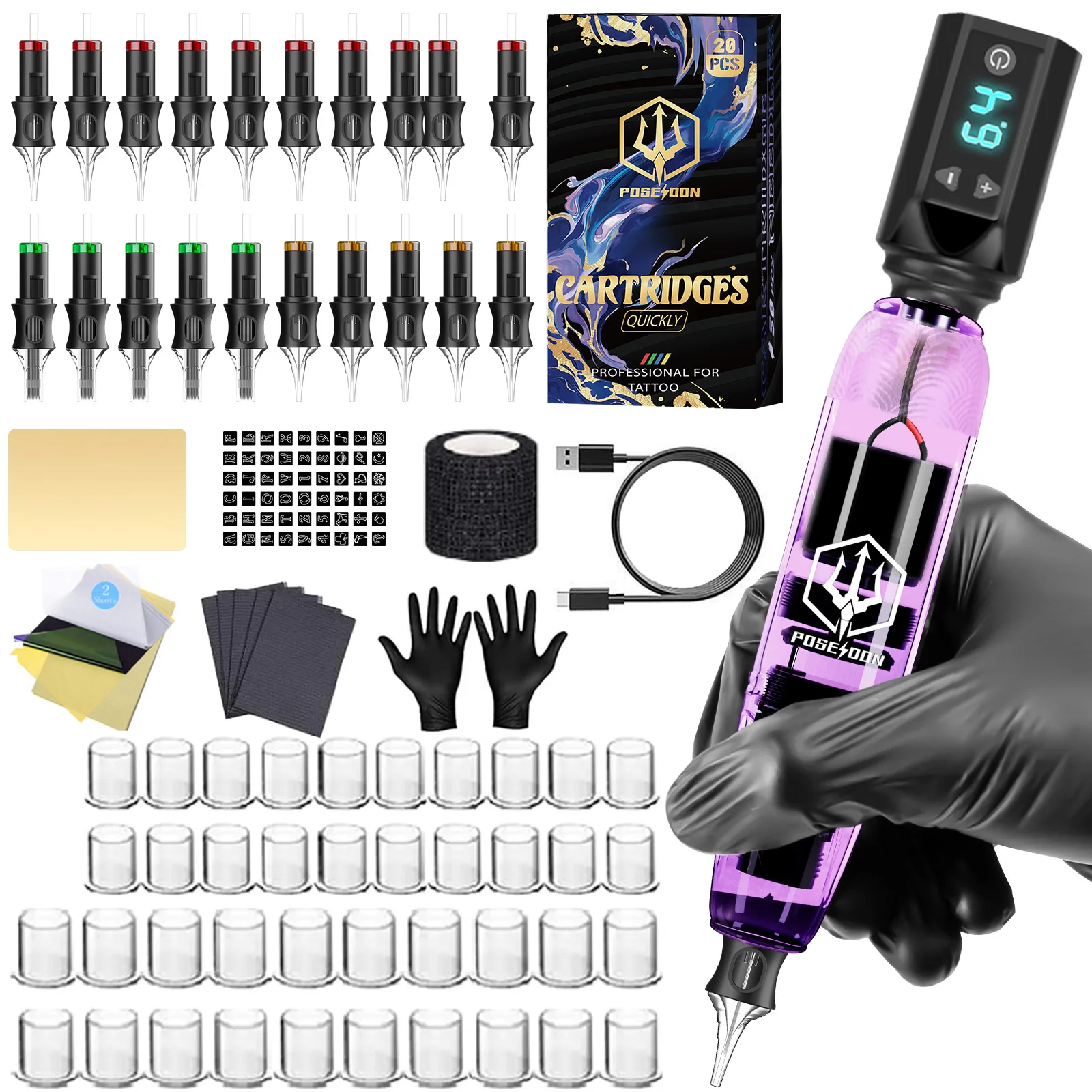 Tattoo Kit POSEIDON V5 Cool Tattoo Pen Kit For Permanent Makeup Tattoo Machine Kit Good Quality Tattoo Power Supply Tattoo Gun K