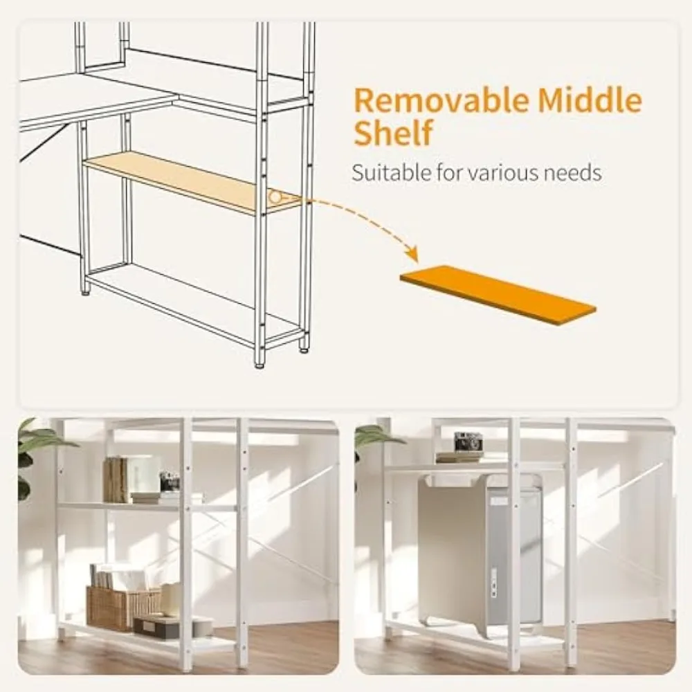 Computer Corner Desk with Storage Shelves, 47 Inch L Shaped Desk with Bookshelf, Home Office Writing Desk with Hooks