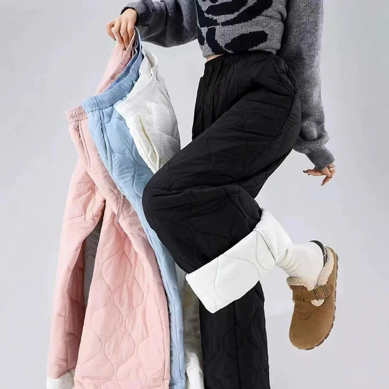 Winter Thicken Warm Cotton Pants for Women Casual Cold Resistant Extreme Cold Snow Straight Pants Lady Thermal Wide Leg Trousers