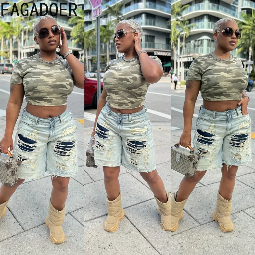 FAGADOER Fashion Hole Patchwork Bodycon Denim Shorts Woman Solid Color High-Waist Cargo Pocket Shorts Female Streetwear Bottoms