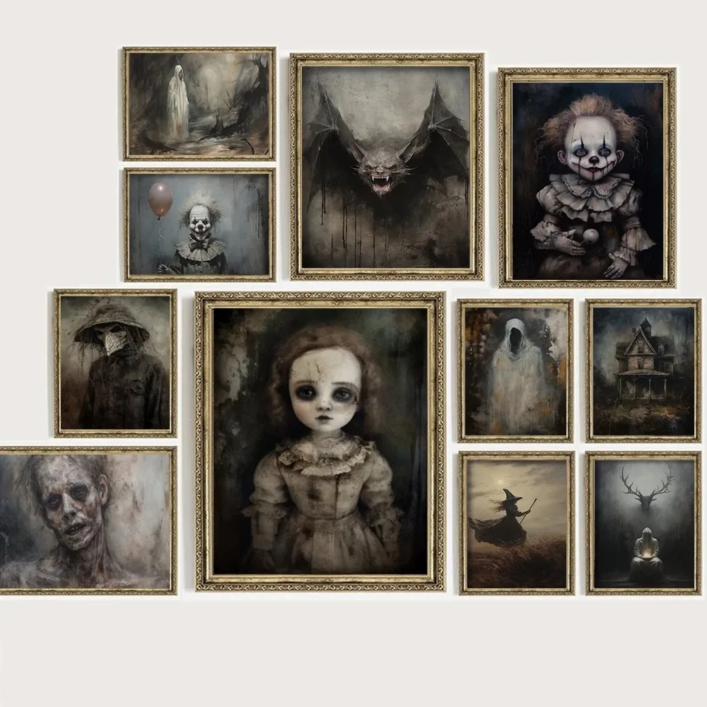 Thriller Gothic Dark Style Set Retro Posters Horror Clown Ghost Doll Magic Witch Wall Art Living Room Home Decor Canvas Painting