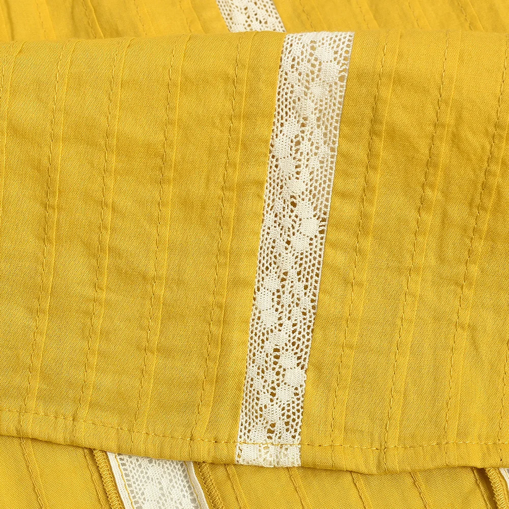 เสื้อเชิ้ตแขนสั้นลูกไม้สีเหลืองของผู้หญิงลําลองคอกลมจีบออกแบบด้านบนของผู้หญิง