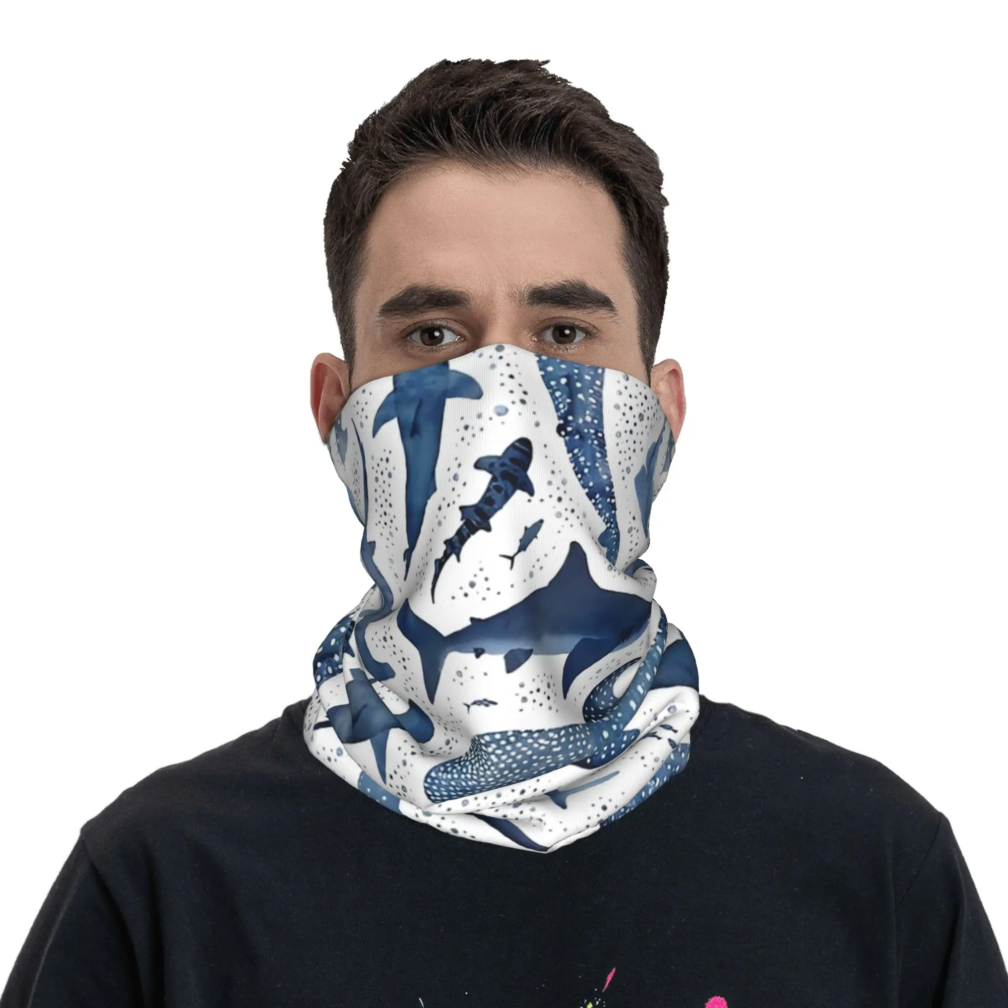Blue Watercolour Shark Ocean on White Bandana Neck Printed Starry Whale Sharks Wrap Scarf Warm Balaclava for Men Women Adult