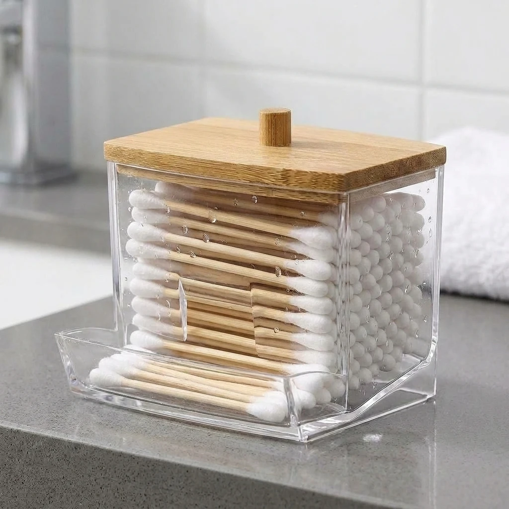 Acrylic Cotton Swab Holder with Bamboo Lid Clear Dispenser Bathroom Containers Canister Cotton Swab Holder Bathroom Accessories