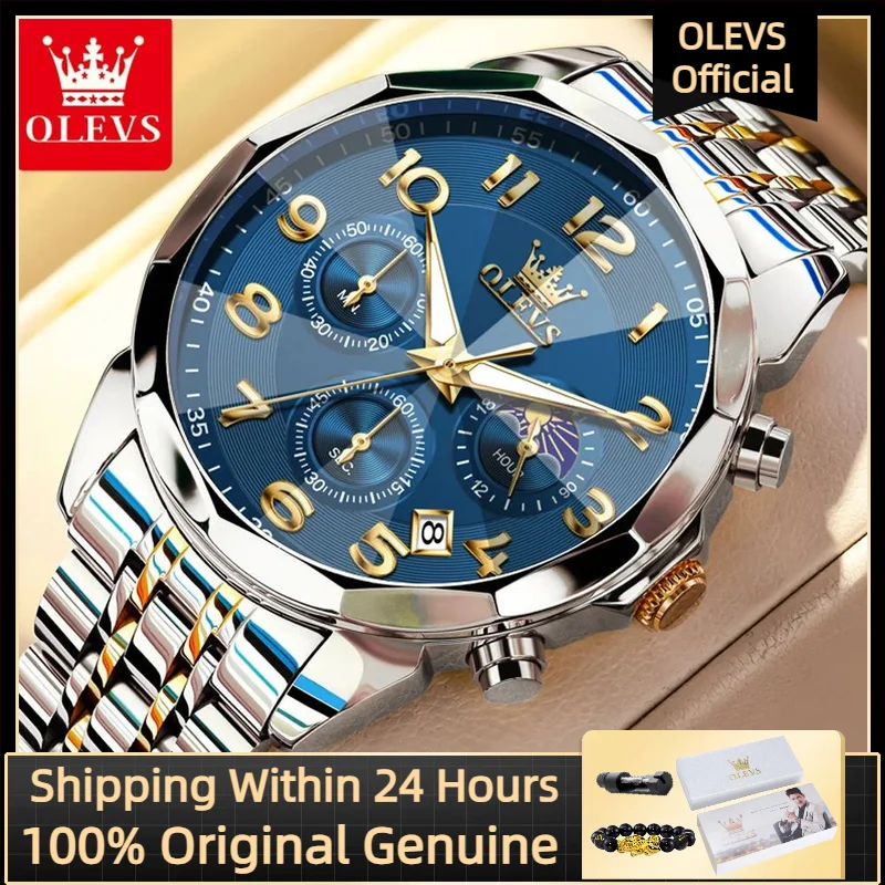 

OLEVS 3676 Кварцевые мужские часы Многофункциональный хронограф с фазой Луны Водонепроницаемые ромбические циферблаты Мужские часы высокого качества