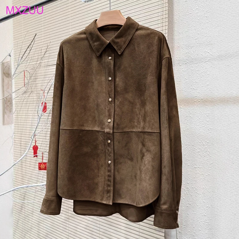 Echt Suède Jas Lente Herfst Mode Eenvoudige Casual Single Breasted Grijs/Koffie Schapenvacht Lange Mouwen Shirt Jas Vrouwelijke