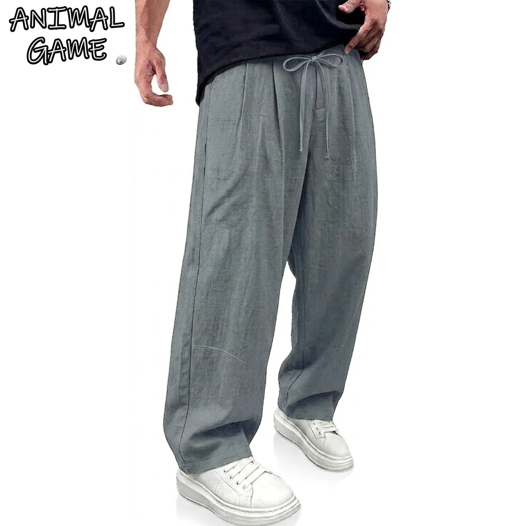 

Корейские длинные льняные брюки-шаровары, однотонные свободные брюки, уличные повседневные хлопковые спортивные штаны, дышащие мужские рабочие брюки